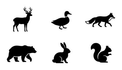 Obraz premium Forest Wildlife Silhouettes: Deer, Duck, Fox, Bear, Rabbit, Squirrel Icons