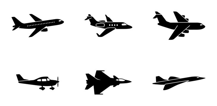 Aircraft Icons Set: Commercial Jets, Private Planes, Fighter Jets, Propeller Aircraft