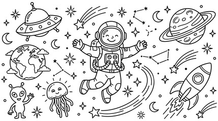 Cute cartoon astronaut floating in space with planets and stars. © SABIKUNNAHAR