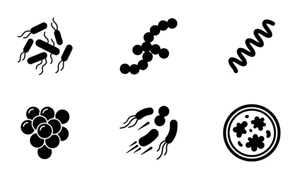 Microbiology Icons: Bacteria Shapes, Microbes, Cell Forms, Medical Science Vector Set