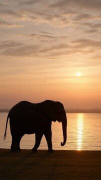 Majestic Elephant Silhouette at Sunset on Water Beautiful African Wildlife Nature Scene
