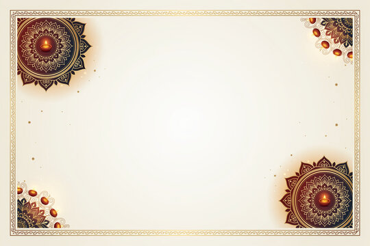 Diwali festival background with golden mandala ornaments, elegant cream invitation frame for Deepavali celebration, traditional Indian floral border