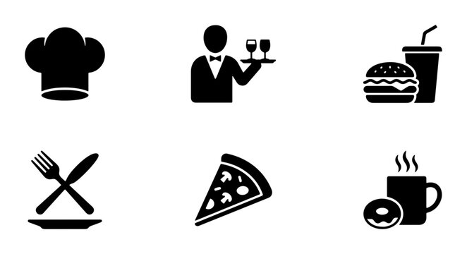 Restaurant Icons Set: Chef Hat, Waiter, Burger, Pizza, Coffee, Cutlery Vector Graphics