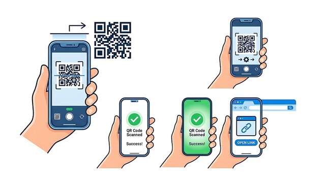 Hand holding smartphone icon set, scanning QR code on screen flat vector illustration isolated.
