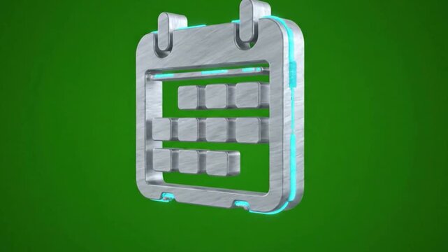Single rotating futuristic desk calendar icon isolated on solid green background with seamless loop animation, Futuristic desk calendar illustration rotating on green screen for editable visual compos