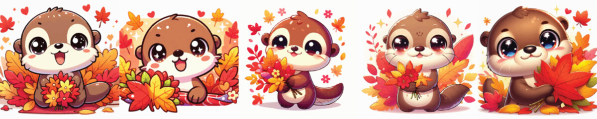Vector of a cute cartoon otter character holding colorful autumn leaves © FirdianKrisna