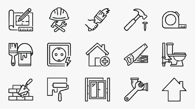Minimalist Black and White Line Icons Set Featuring Construction Carpentry Plumbing and Home Improvement Tools
