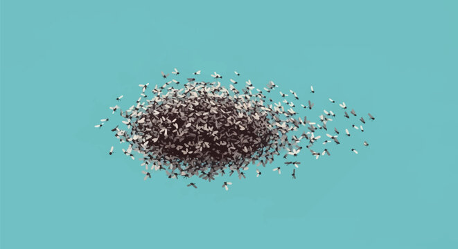 Detailed digital illustration of a dense swarm of flying insects or gnats clustered in the center on a solid teal background, showing individual dark bodies with white wings in flight.
