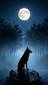 Majestic Wolf Silhouette by Full Moon in Dark Forest Nature Photography