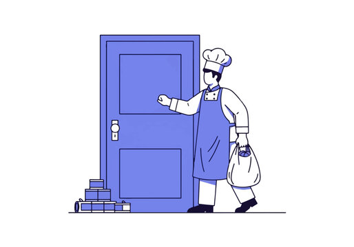 Chef knocking on door with food donations for charity