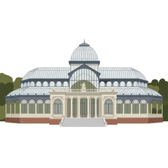Obraz premium Vector illustration of the Palacio de Cristal in Madrid Retiro Park. Glass conservatory architecture featuring iron framework, central dome, arched windows, stone columns, and grand entrance stairs.