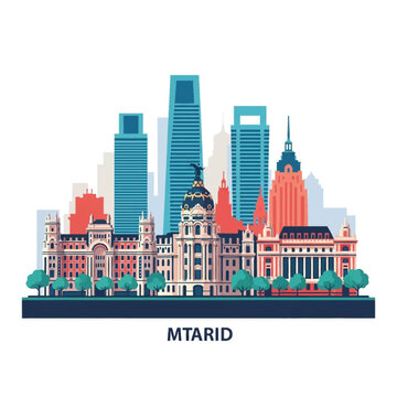 Vector illustration of Madrid Spain skyline with the Metropolis Building, high-rise skyscrapers, and historic city architecture in a flat geometric design style on white background.