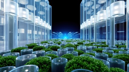 Fototapeta premium Futuristic corridor features illuminated cylindrical structures, greenery. Symmetry dominates design, creating tunnel effect. Dark background enhances glow.