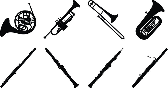 Black Silhouette Brass Musical Instruments Collection Featuring Trumpet Trombone Tuba French Horn Clarinet and Oboe Vector Set