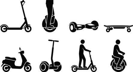 Personal Electric Mobility Silhouette Icon Set Featuring Scooter Hoverboard Unicycle Skateboard and Moped Collection © MDSHAHIDUL