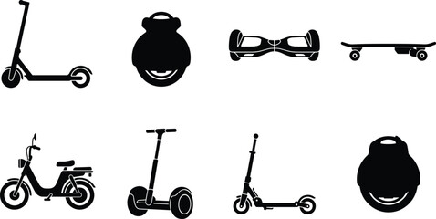 Personal Electric Mobility Silhouette Icon Set Featuring Scooters Hoverboard Electric Unicycle Skateboard and Moped Vehicles © MDSHAHIDUL