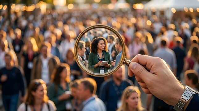 Magnifying glass focusing on woman among blurred crowd of people with magnifying, attention