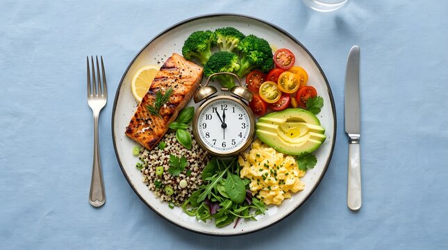 Healthy plate with salmon broccoli avocado and alarm clock for intermittent fasting, nutrition