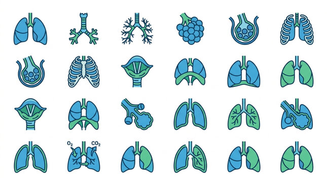 Collection of stylized human lung illustrations in various artistic representations.