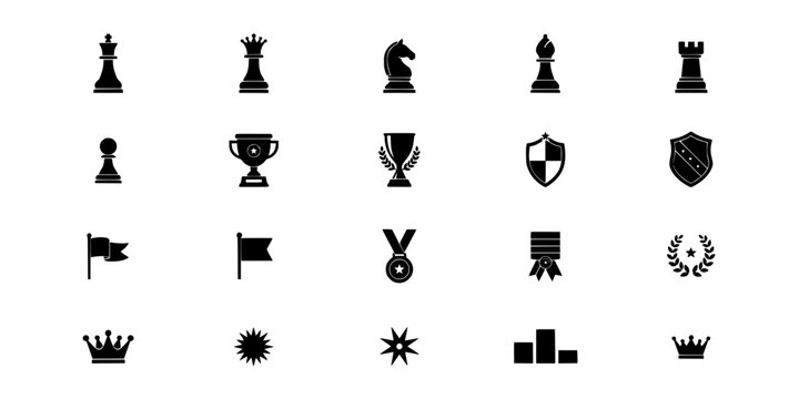 Collection of Chess-Themed Icons and Symbols in a Monochrome Grid for Strategy and Game Design Concept