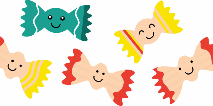 Smiling farfalle and rotini pasta shapes colorful vector illustration