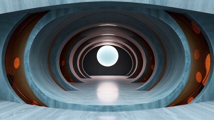 Fototapeta premium Futuristic tunnel, circular design, glowing sphere. Concrete textures, dark ambiance, symmetrical composition. Minimalist aesthetic, abstract architecture.