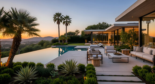 Luxury outdoor living space with pool.