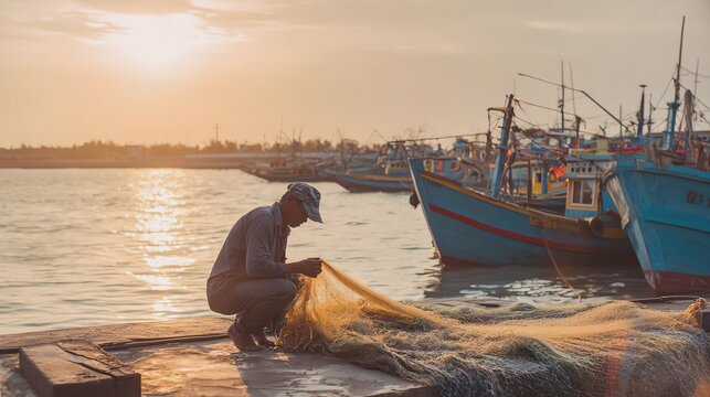 Fisherman working at sunset near boats.
