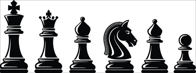 Set of black chess pieces including king, queen, bishop, knight, rook and pawn, classic strategy board game symbols for competition, tournament, education and intellectual vector illustration design c © MstAleya