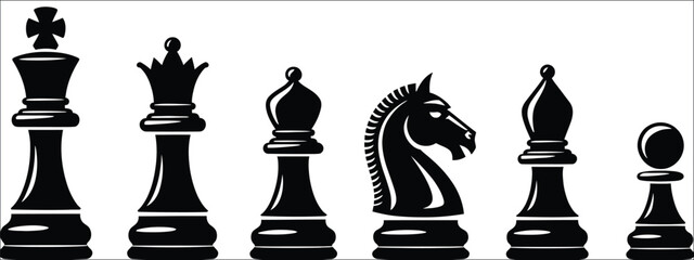 Set of black chess pieces including king, queen, bishop, knight, rook and pawn, classic strategy board game symbols for competition, tournament, education and intellectual vector illustration design c © MstAleya