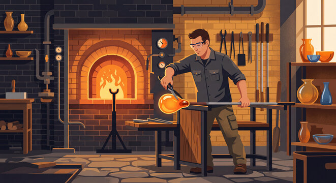 Glassblower at Work: A skilled glassblower expertly shapes molten glass with a blowpipe in a traditional studio, with a glowing furnace providing warmth and light.