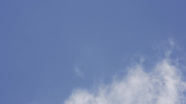 Clear blue sky with organic cloud wisps moving slowly in real time, straight up zenith perspective creating a calm airy mood, ideal overlay element.