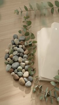 Natural Stone and Green Foliage Arrangement with White Paper Decor Minimalist Earth Tone Aesthetic