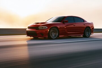 Fototapeta premium The Red Dodge Charger Racing on Sunset Highway at Thrilling Speed