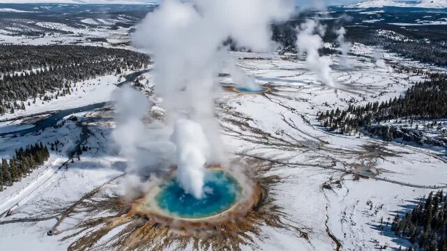 Aerial view of steaming geysers in a snow-covered landscape with pine forests