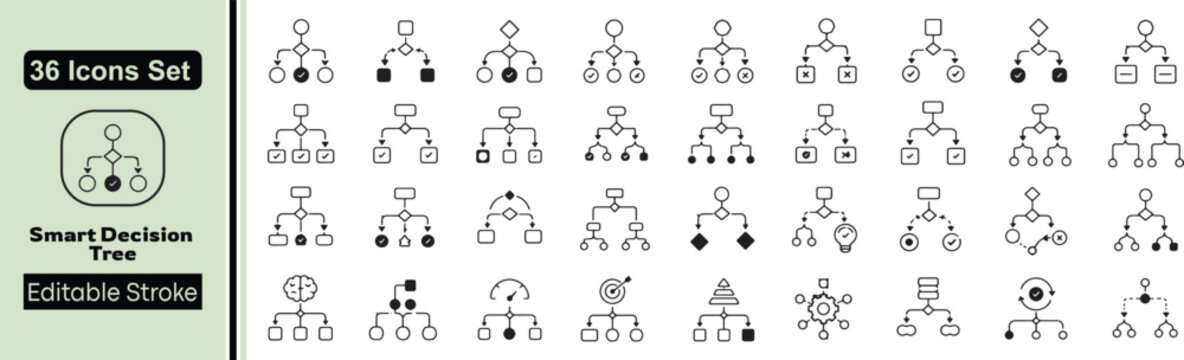 Set of 36 Smart Decision Tree Editable Line Icons