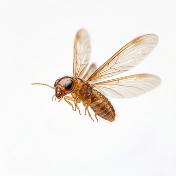 Ultra detailed macro image of a flying termite (laron) with translucent wings and soft lighting. Captured in a clean white background with sharp textures and shallow depth of field, blending scientifi