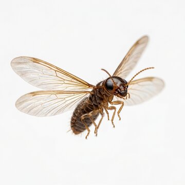 Ultra detailed macro image of a flying termite (laron) with translucent wings and soft lighting. Captured in a clean white background with sharp textures and shallow depth of field, blending scientifi