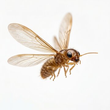 Ultra detailed macro image of a flying termite (laron) with translucent wings and soft lighting. Captured in a clean white background with sharp textures and shallow depth of field, blending scientifi