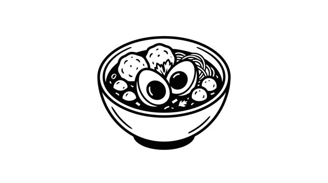 Hand-drawn Asian Noodle Soup Bowl with Eggs and Meatballs