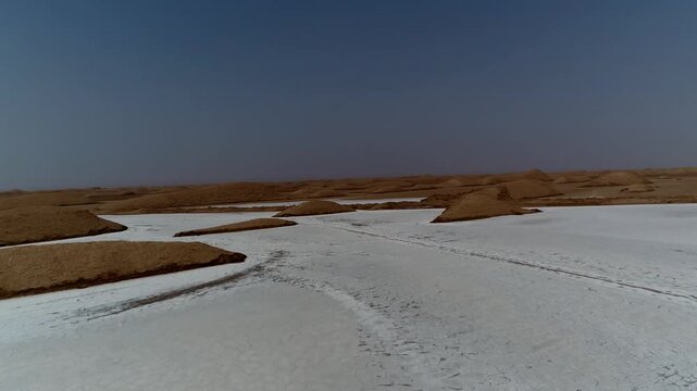 Wide aerial perspective of salt marsh featuring large white salt areas and winding dark earth banks under natural sunlight in desert environment.