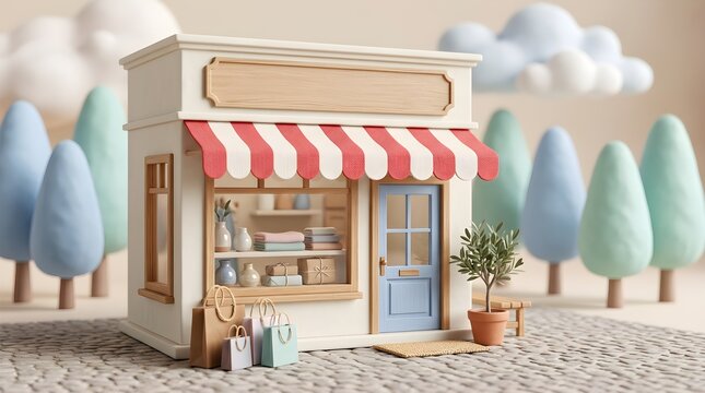 Charming miniature toy shop front with red and white striped awning miniature building business