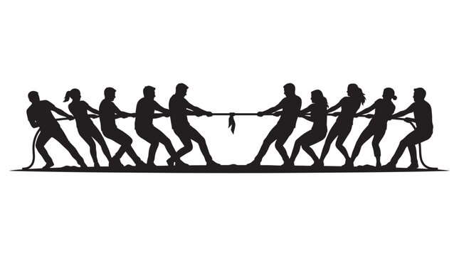 Team pulling rope in tug of war black silhouette