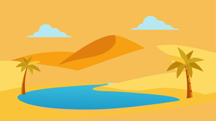 Obraz premium Desert landscape, sandy dunes, palm trees, oasis, sunny travel background