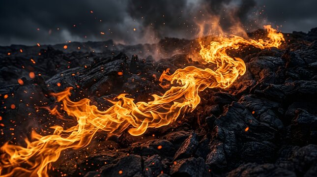 Fiery blaze of orange flames flickering against a dark volcanic rocky landscape at night