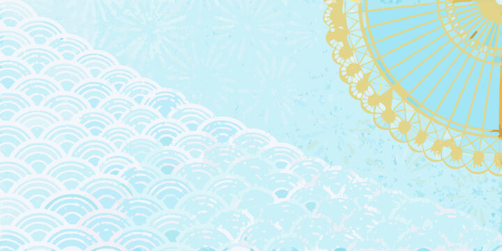 Wave pattern and ferris wheel watercolor illustration on light blue background