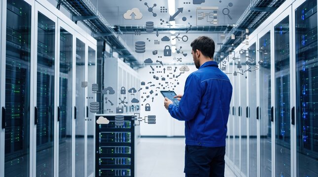 IT engineer managing cloud server data and network security icons in high-tech data center aisle, cybersecurity and database administration concept with virtual interface overlay