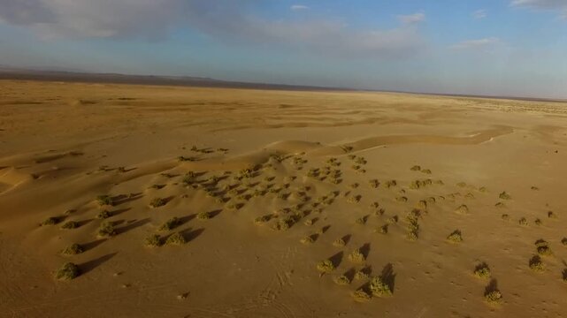 Professional drone shot captures golden hour light on flat desert plain with long shadows and distant dune line.