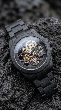 Extreme close up of a luxury mechanical skeleton watch on textured dark rock