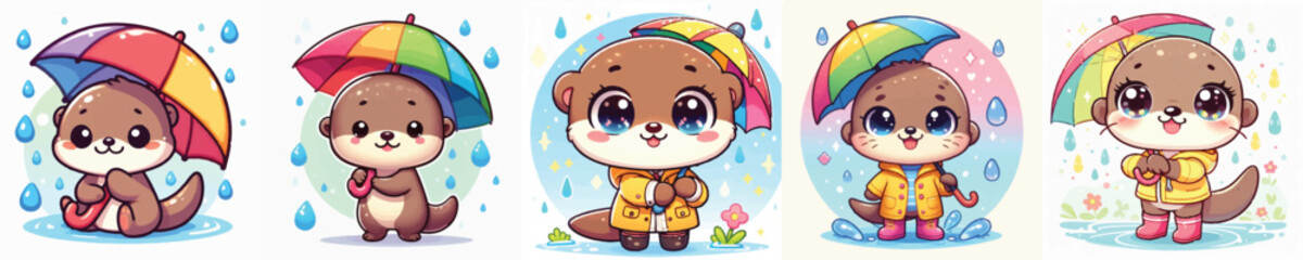 Vector of a cute cartoon otter character holding an umbrella in the rain © FirdianKrisna